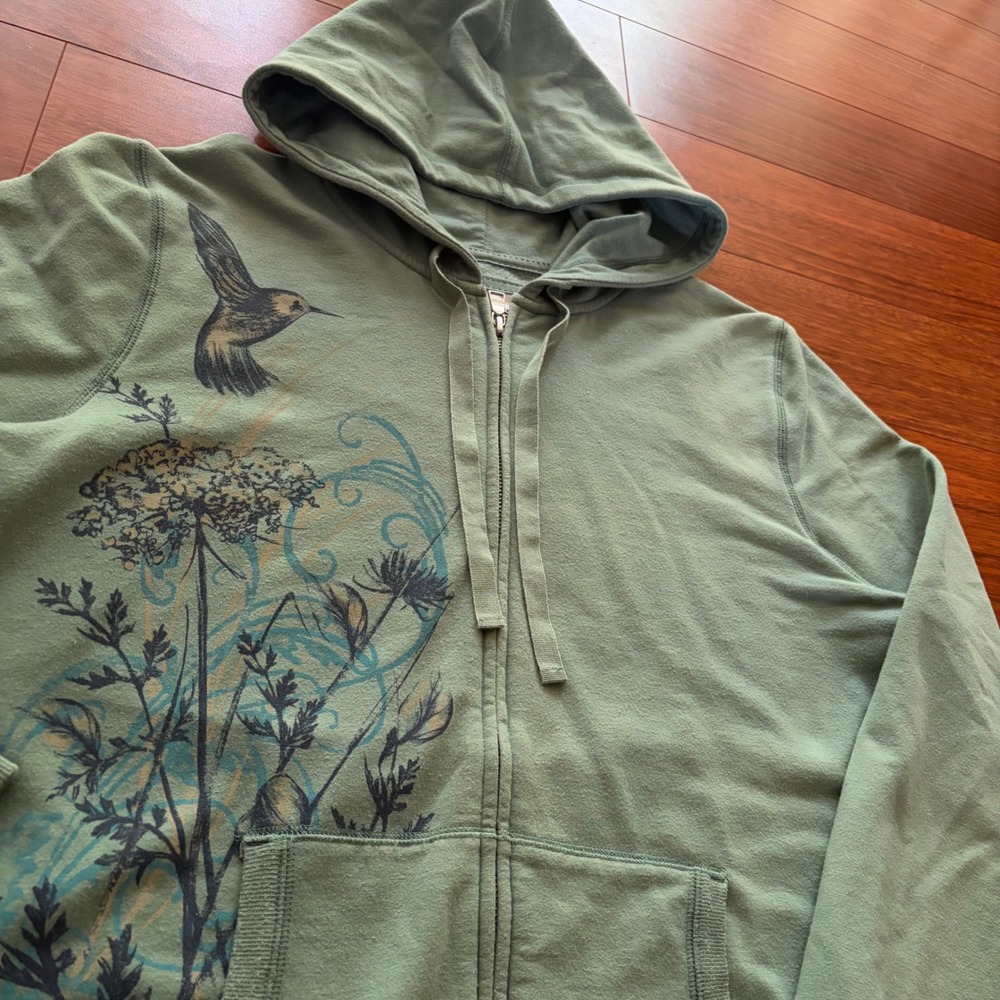 Y2K Hummingbird Floral Graphic Full Zip Fairy Cottage Core Hoodie Earthy Green